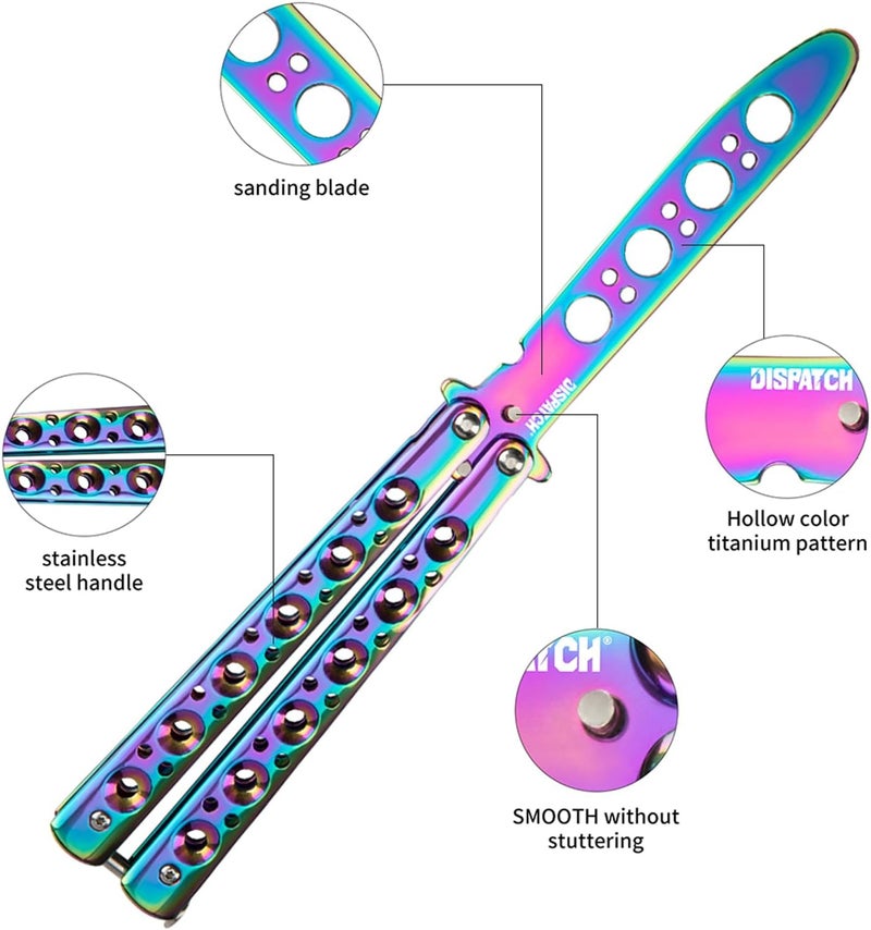 Dispatch Color Titanium-Coated 3Cr13 Stainless Steel Butterfly Knife Trainer with Circular Cutouts | Unsharpened Balisong for Tactical Training, EDC Flipping, Anime Cosplay - Image 3